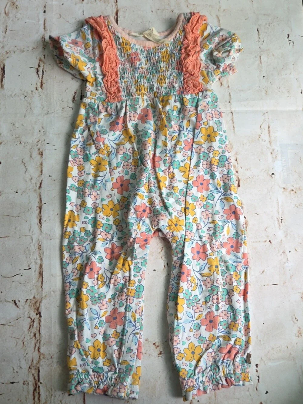 Matilda Jane Floral Smocked Romper in Coral, Yellow & Mint